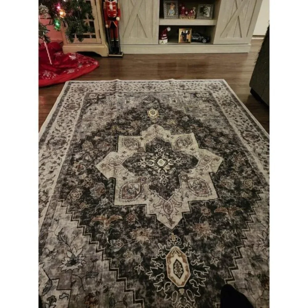 New 4x6 Washable Vintage Rug, Soft Distressed Brown/Grey Non-Slip Carpet